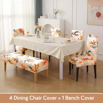 Premium Velvet Cover Set for 4 Dining Chairs + 1 Dining Bench, Amber Serene Flora