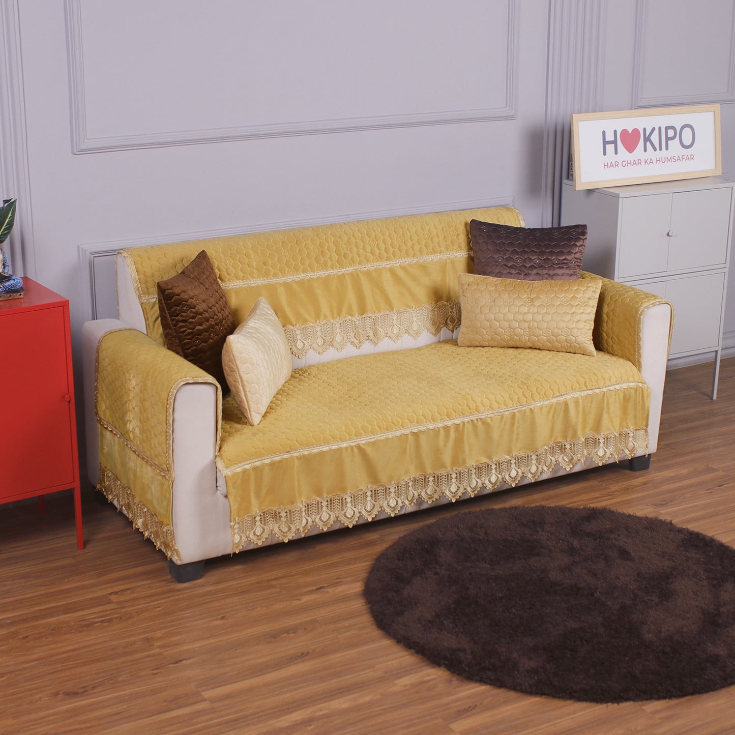 HOKIPO 2PC Premium Dutch Velvet Sofa Arm Cover, Mustard