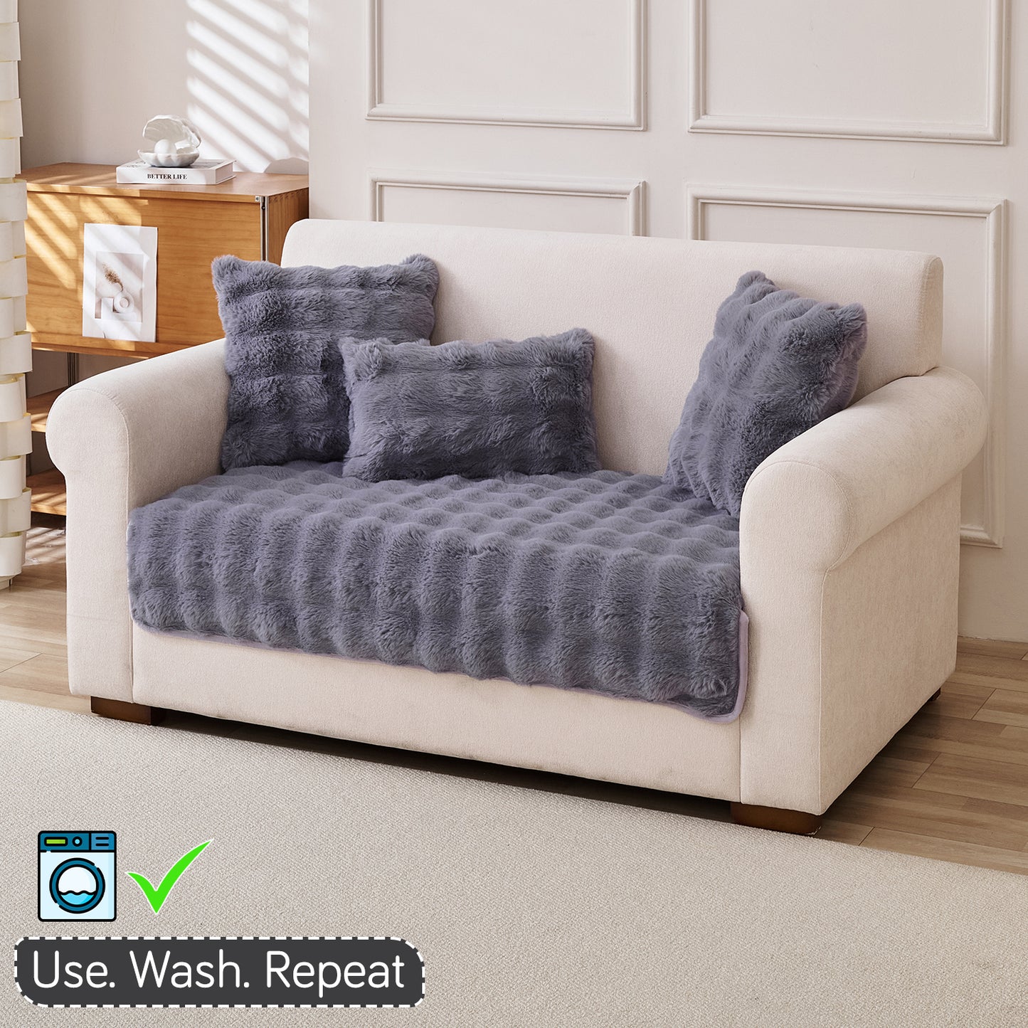 Premium Faux Rabbit Fur Anti Slip Sofa Mat for 1/2/3 Seater, Cool Grey