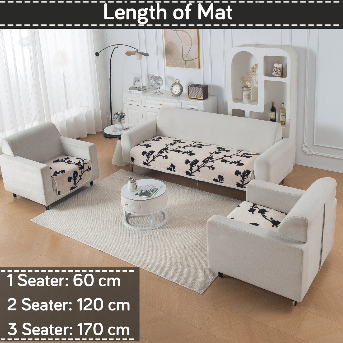 Luxury Plush Sherpa Anti Slip L Shape & Combination Sofa Mat, 'Noirea Series'|Botanical Vine