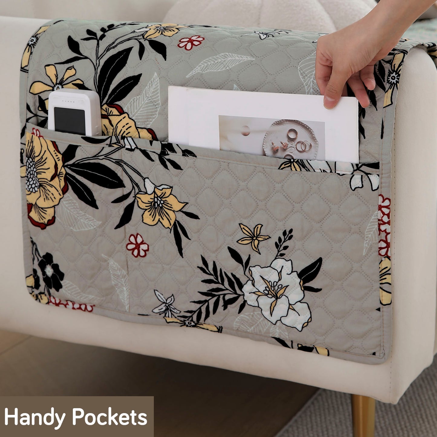 Quilted Sofa Seat Mat with Two Armrest Covers with Pockets for 1/2/3 Seater Sofa, Floral Ash Grey