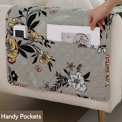 Quilted Sofa Seat Mat with Two Armrest Covers with Pockets for 1/2/3 Seater Sofa, Floral Ash Grey