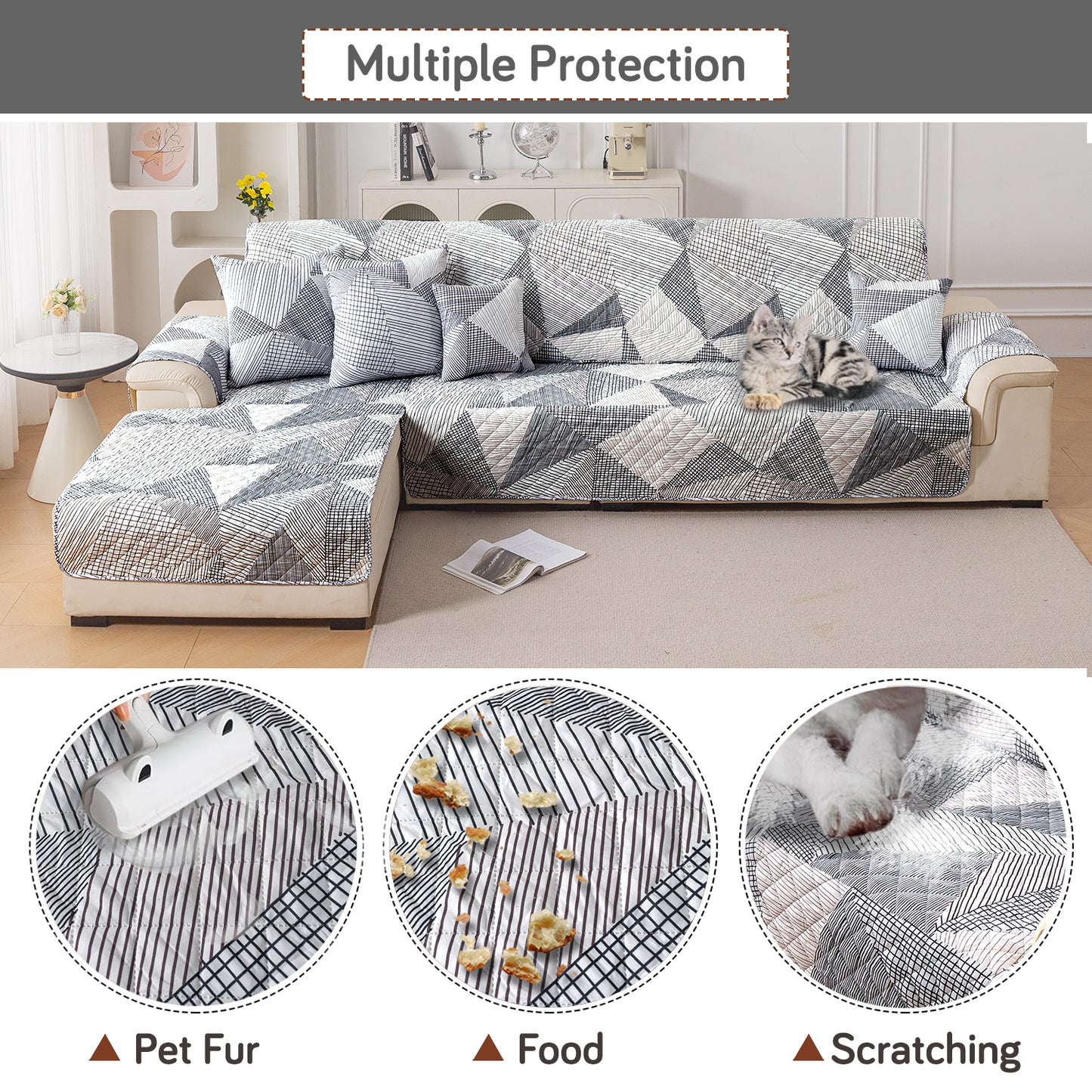 Elira Series Quilted One-Piece L Shape Sofa Cover Mat with Left and Right Chaise, Snow White Black Geometry