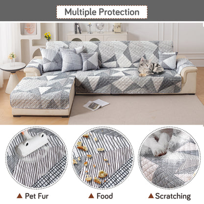 Elira Series Quilted One-Piece L Shape Sofa Cover Mat with Left and Right Chaise, Snow White Black Geometry