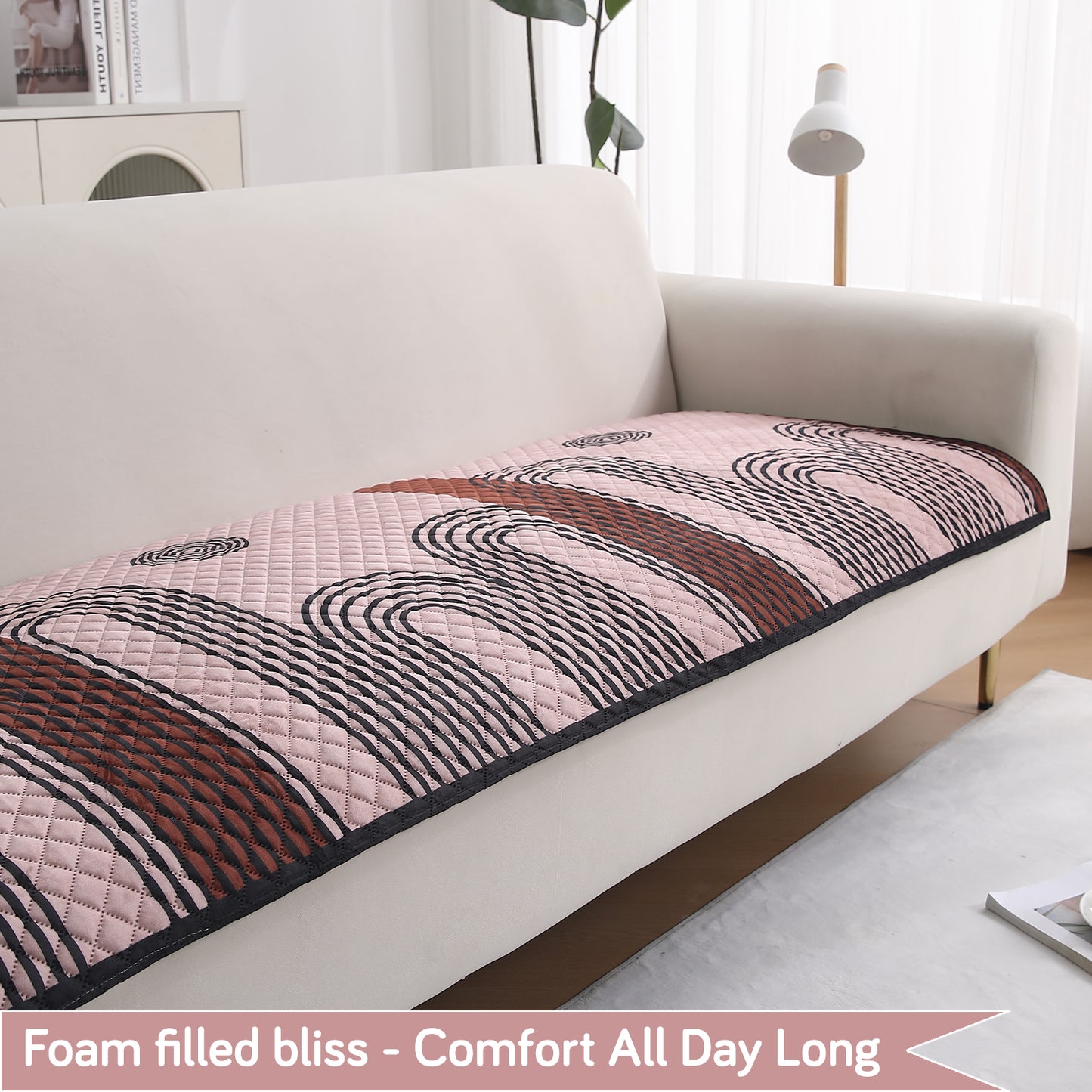 LiefNest Printed Holland Velvet L Shape Sofa Seat Mat with Foam Filling - Modern Archscape Mauve Blush