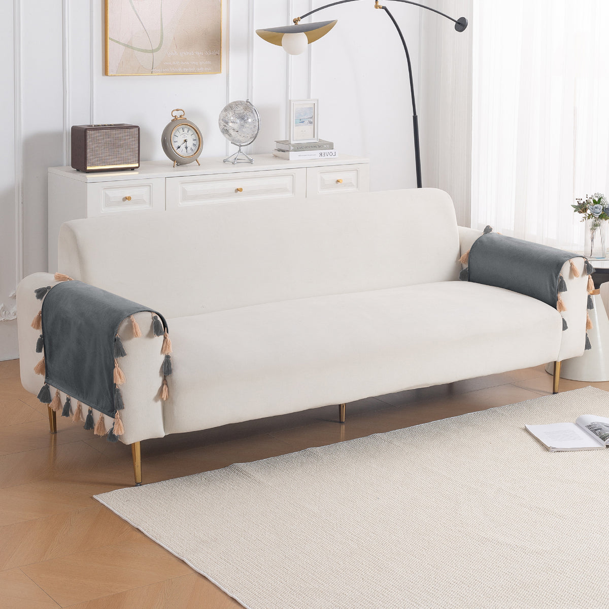 Tassel Tone Holland Velvet Sofa Cover Mat, Graphite Grey