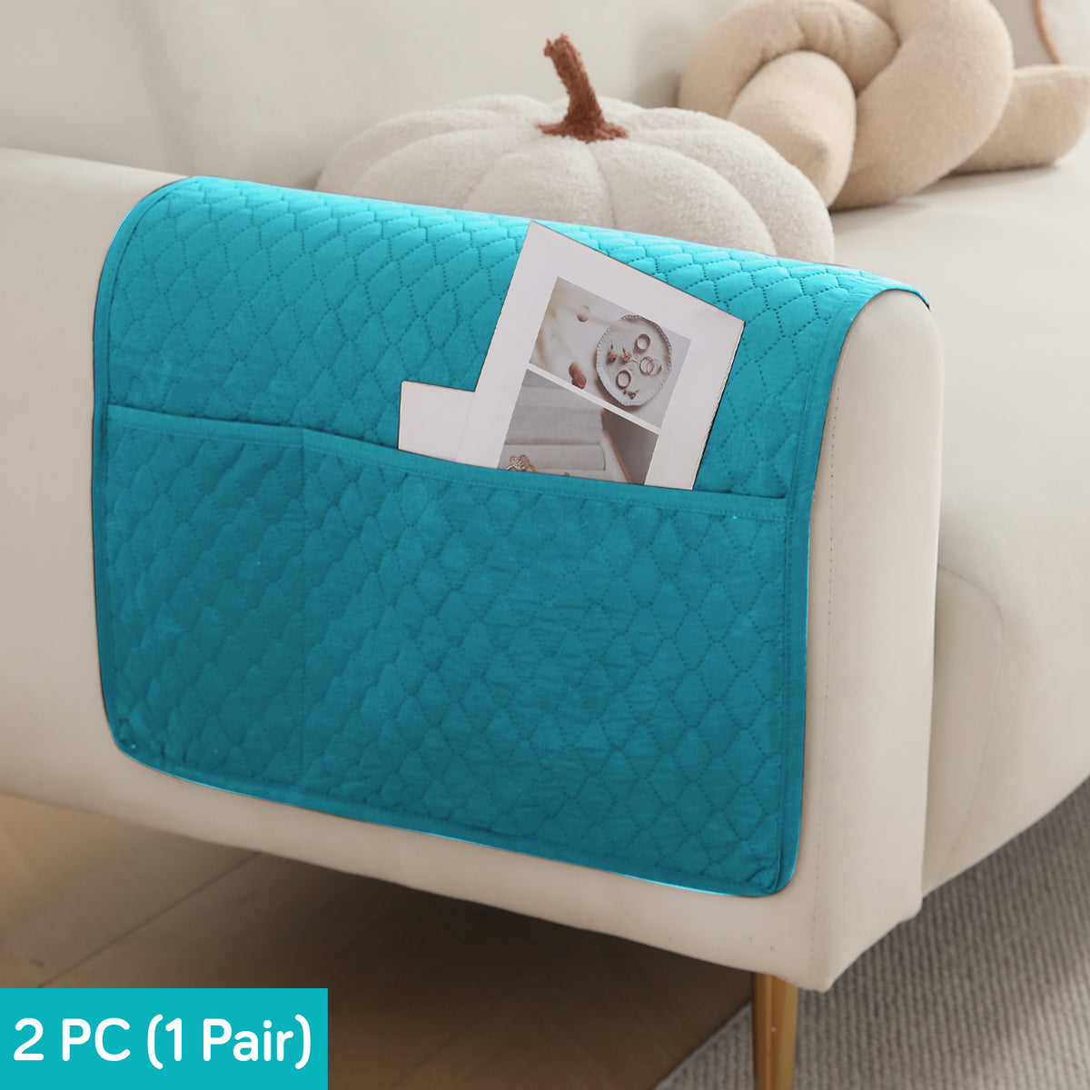 2 Pcs Quilted Sofa Armrest Cover, Teal