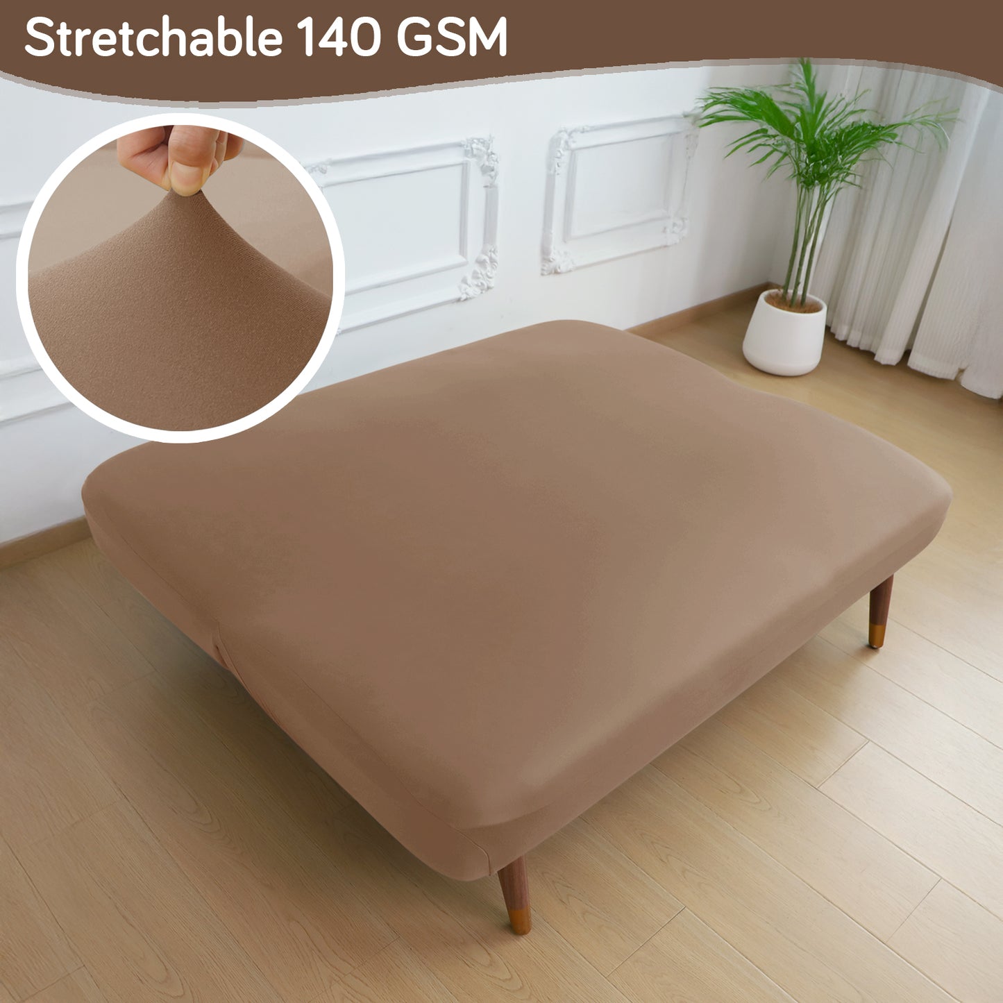 SereneSolids Stretchable Elastic Armless Sofa Cover – 140 GSM, Futon Slipcover, Easy Fit, Dark Camel