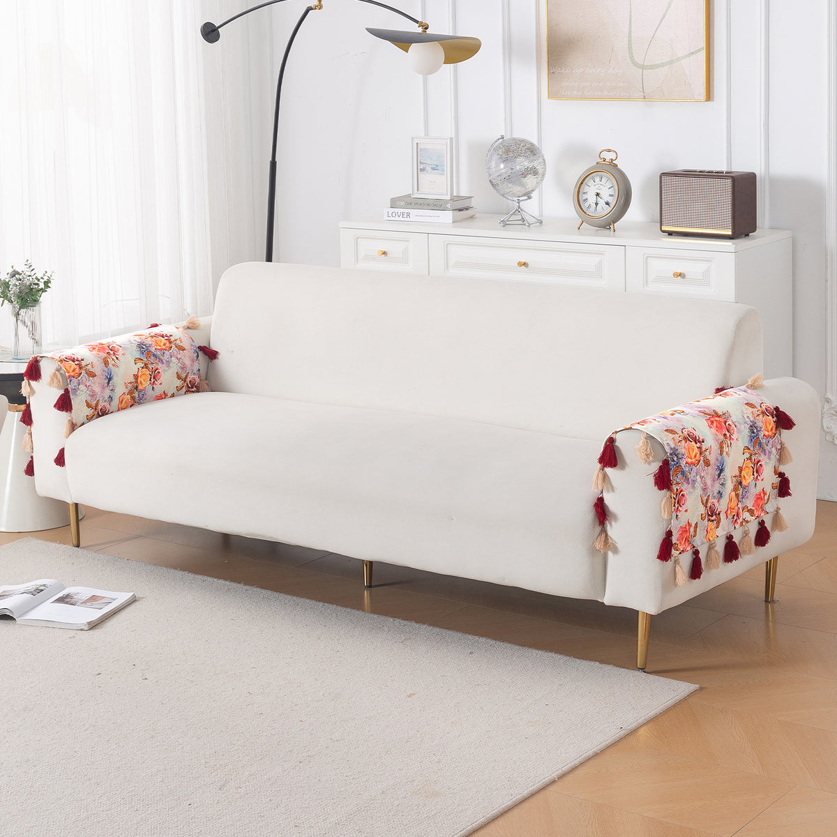 'Whispers of Nature' Series Holland Velvet Sofa Cover with Tassel, Vintage Rose Bloom
