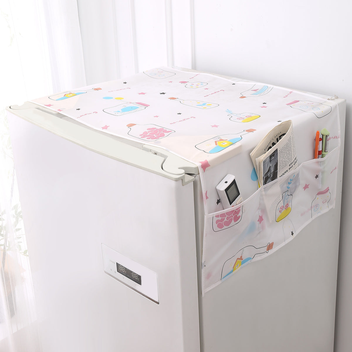 Small / Large Fridge Cover Top | For Smaller Single Door, Double Door and Bigger Double Door Refrigerator - Waterproof, Printed with 6 Side Pockets, Whimsical Bottles