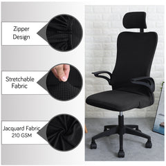 Stretchable Jacquard  Office Boss Chair Seat Chair Cover with Headrest Cover for Computer Desk Chair, Black