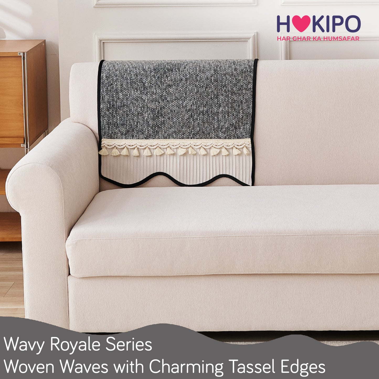 Thick Woven Weave Chenille Sofa Cover with Tassel|'Wavy Royale Series' Moon Grey