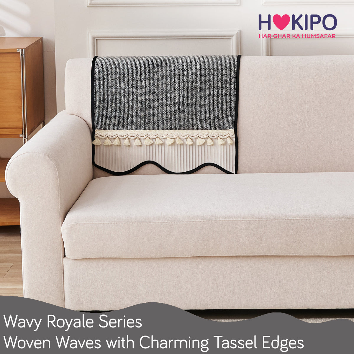 'Wavy Royale Series' Thick Woven Weave Chenille Sofa Cover with Tassel, Moon Grey