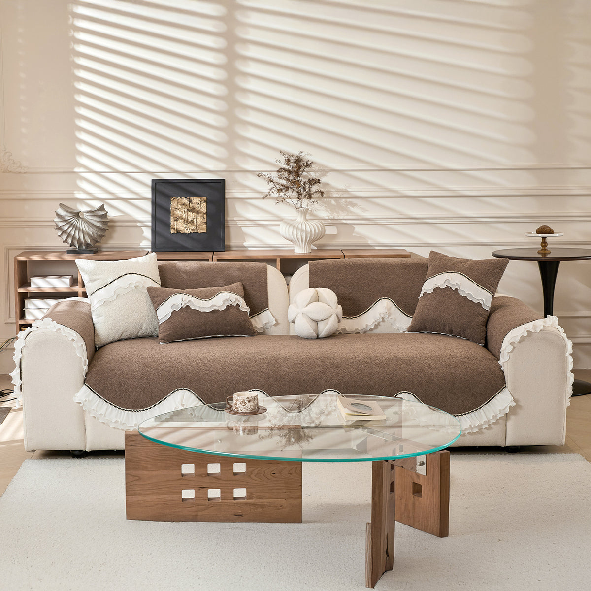 French Classic Frill Sofa Cushion Cover with Elegant Wavy Lace Design - Mocha Luxe Brown