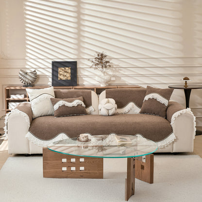 French Classic Frill Sofa Cushion Cover with Elegant Wavy Lace Design - Mocha Luxe Brown