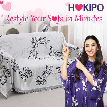 Premium 320 GSM Chenille Sofa Cover Throw All Season 'Serene Abode Series', Monochrome Butterfly