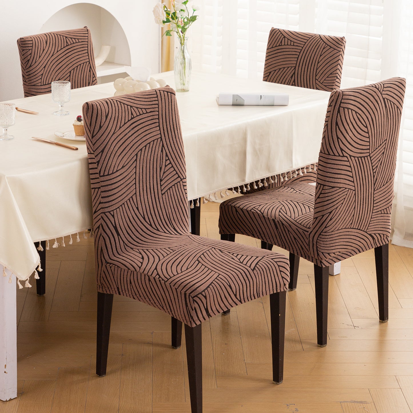 WaveLine Series 180 GSM Jacquard Chair Cover Set of 1/2/4/6, Rust Brown
