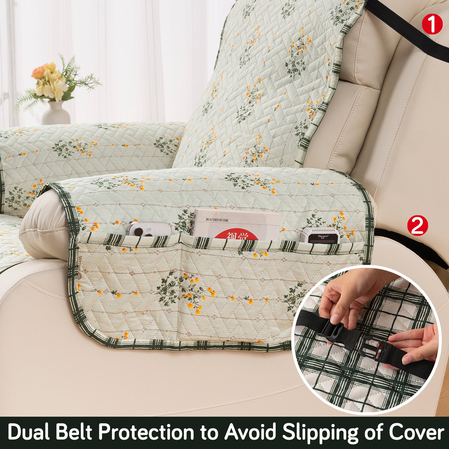 Quilted Cover for Recliner Sofa with SecureFit Belt & Side Pocket, Light Green Ash Gypsy Flower