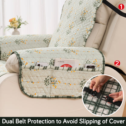 Quilted Cover for Recliner Sofa with SecureFit Belt & Side Pocket, Light Green Ash Gypsy Flower