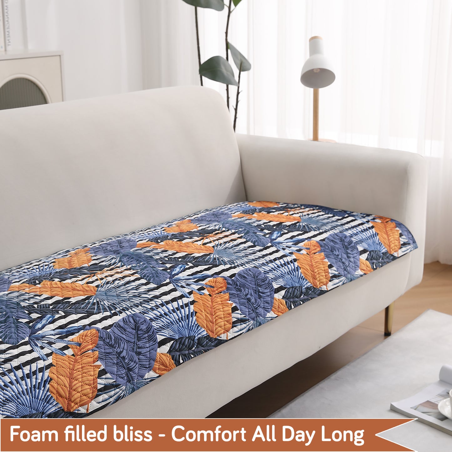 LiefNest Printed Holland Velvet L Shape Sofa Seat Mat with Foam Filling - Tropical Leaves Dusk Blue