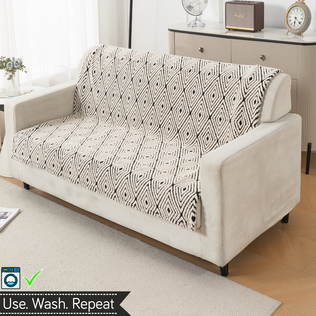 'Noirea Series' Plush Sofa Cover for Seat & Back, Geometric Diamond