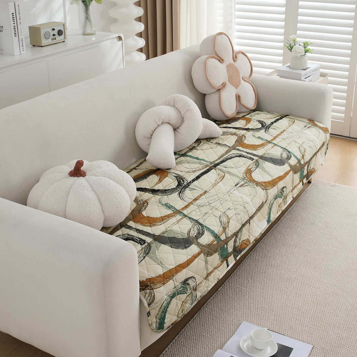 Water Repellent + Waterproof Quilted Sofa Mats, Parchement Beige Abstract Art