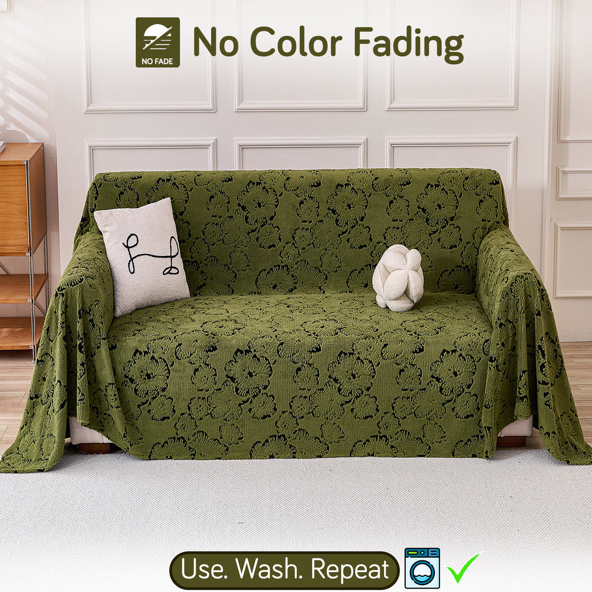 Buy Forest Olive Colour Camellia Blossom Luxury Plush Sofa Cover – 2 Seater Sofa | HOKIPO