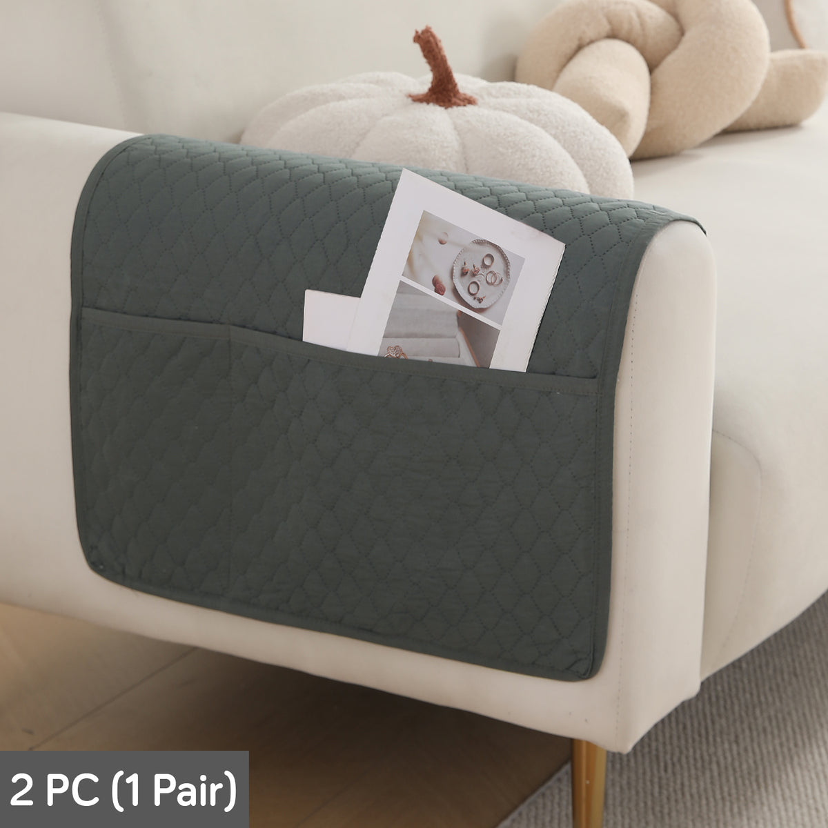 2 Pcs Quilted Sofa Armrest Cover, Grey