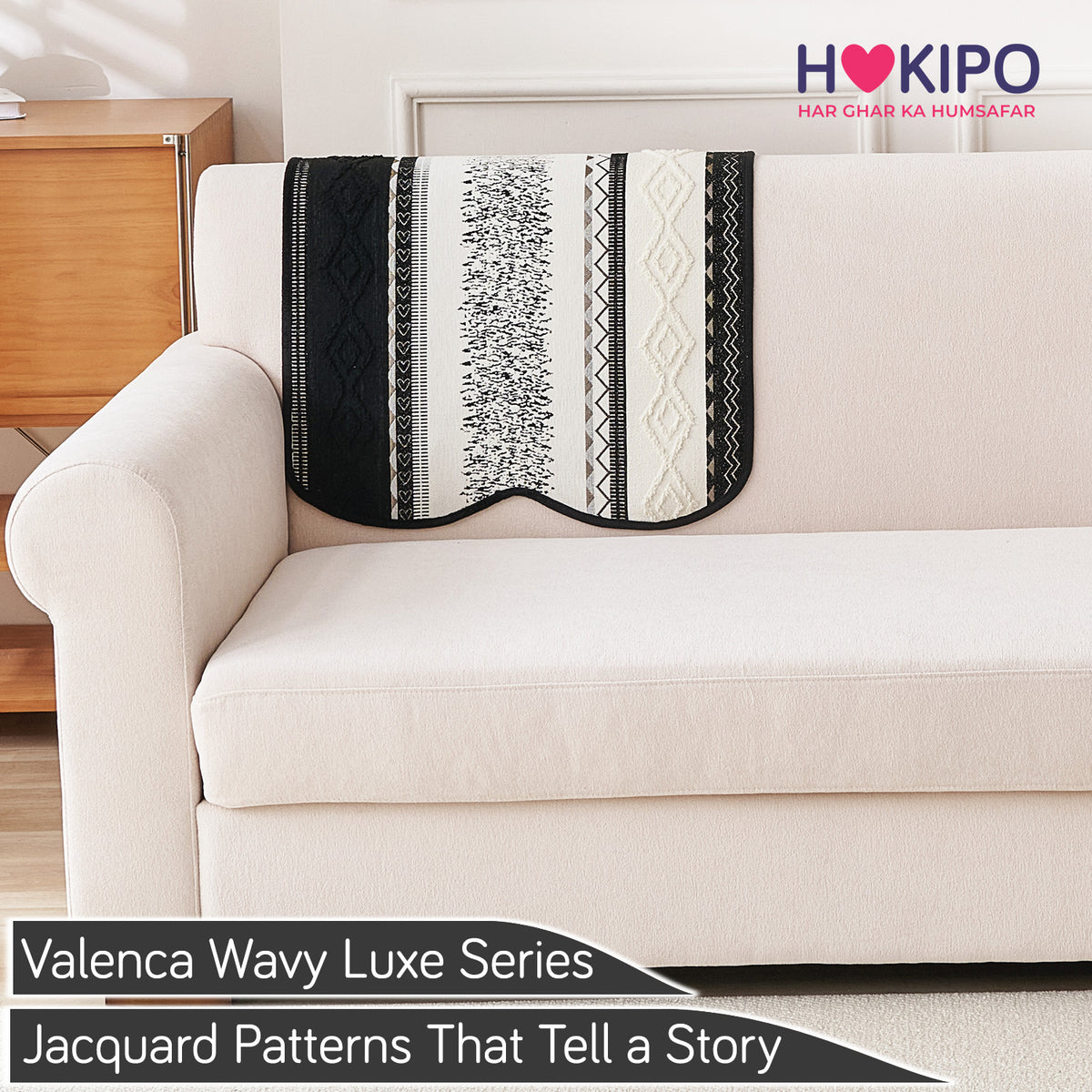 'Valenca Wavy Luxe Series' Boho Geometry Sofa Cover Mat, Midnight Black