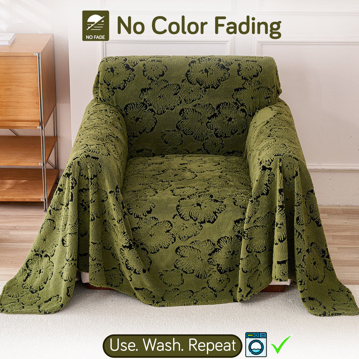 Buy Forest Olive Colour Camellia Blossom Luxury Plush Sofa Cover – Single Seater Sofa | HOKIPO
