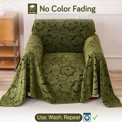 Buy Forest Olive Colour Camellia Blossom Luxury Plush Sofa Cover – Single Seater Sofa | HOKIPO