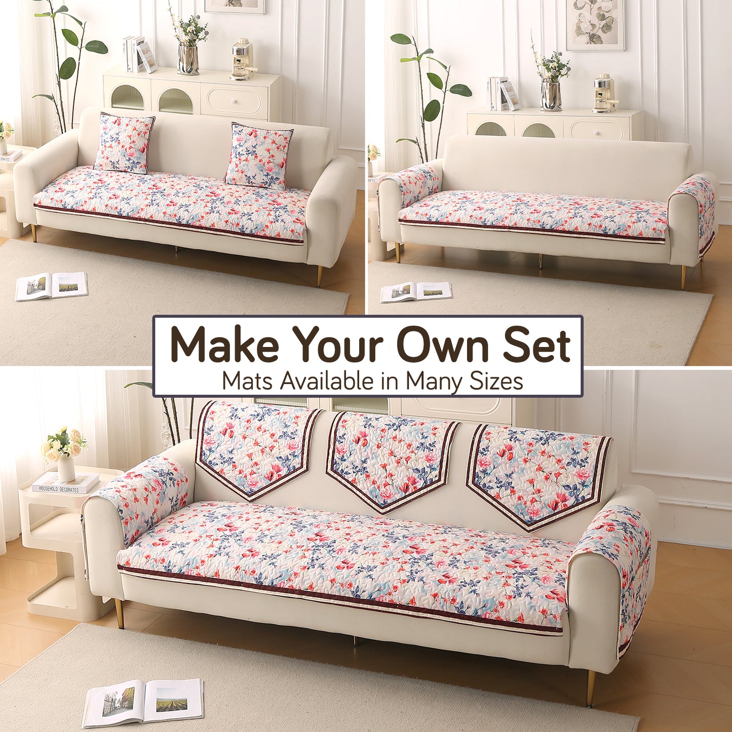Florentina Series Premium Holland Velvet Sofa Cover Mat - Scarlet Rose Ivory