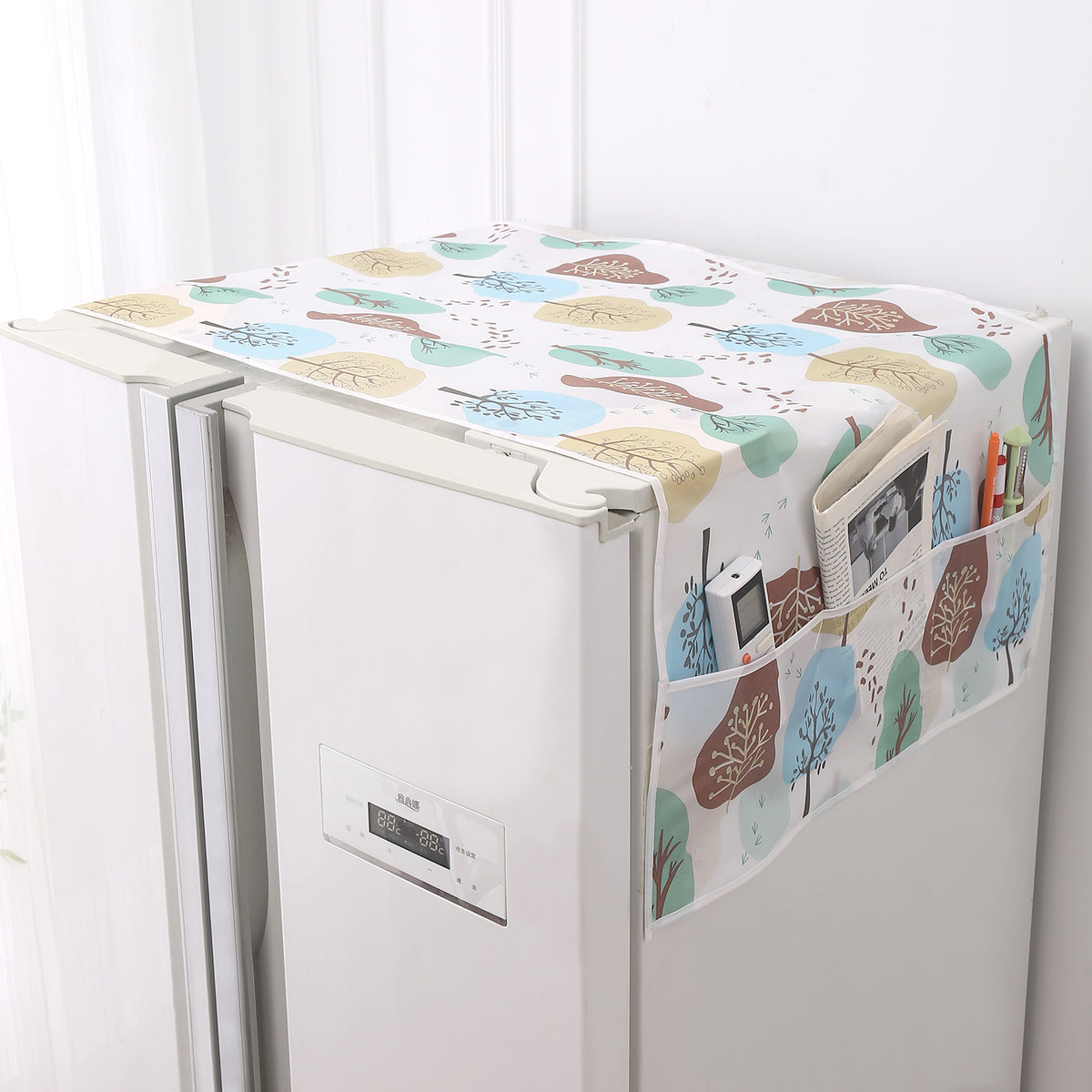 Small / Large Fridge Cover Top | For Smaller Single Door, Double Door and Bigger Double Door Refrigerator - Waterproof, Printed with 6 Side Pockets, Nature Trees