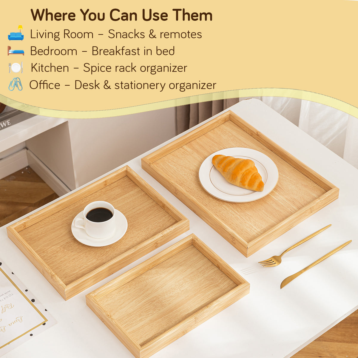 Wooden Serving Tray MDF Rectangular Eco-Friendly Trays Set of 3 – Natural Finish