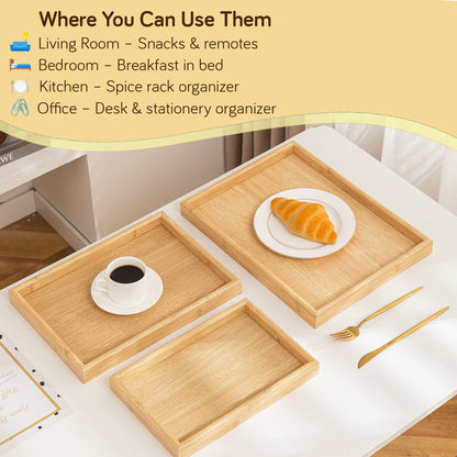 Wooden Serving Tray MDF Rectangular Eco-Friendly Trays Set of 3 – Natural Finish