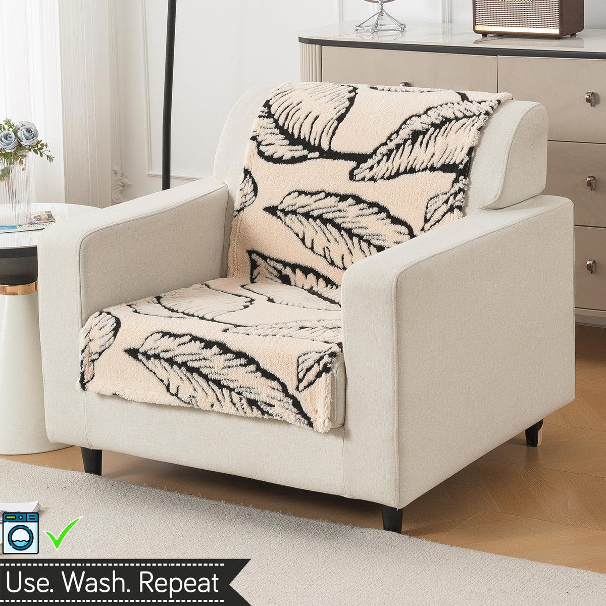 'Noirea Series' Plush Sofa Cover for Seat & Back, Botanical Leaf