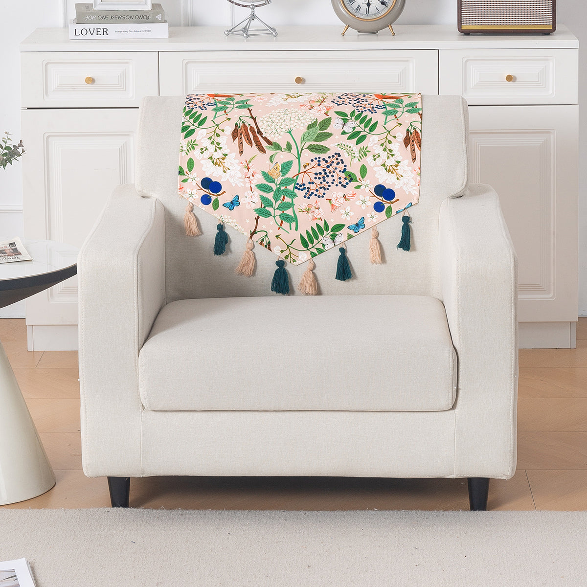 'Whispers of Nature' Series Holland Velvet Sofa Mat with Tassel, Beige Woodland Bloom