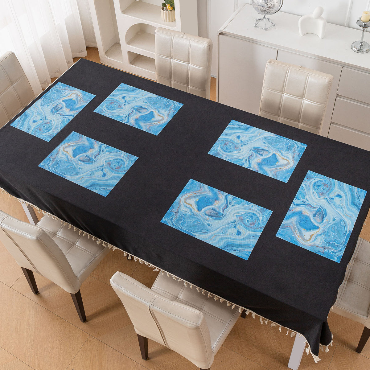 Marble Fusion PVC Mats for Dining Table, Aqua Swirl - Ocean Blue