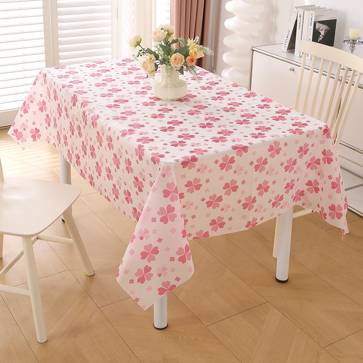 PEVA Waterproof Table Cover Cloth for 2/4/6 Seaters Dining Table | Dustproof Table Cloth for Study & Coffee Table, Valentine Rose Pink