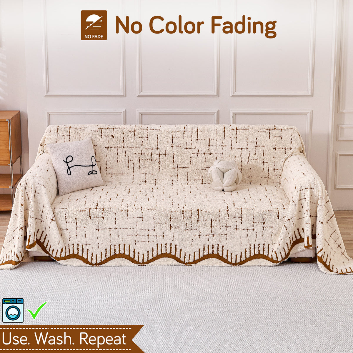 Buy Cream Brown Colour Supple Soft Wavy Plush Sofa Throw Blanket – 3 Seater Sofas | HOKIPO