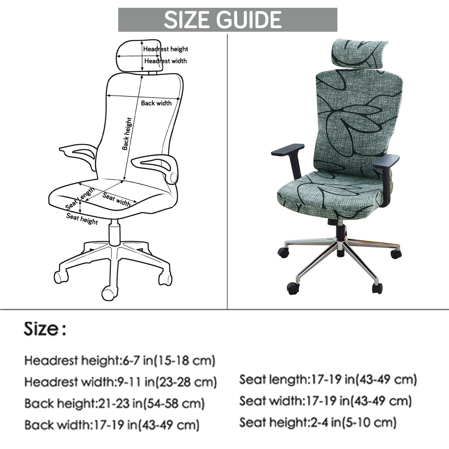 Printed Office Chair Cover with Headrest (High-Back) – 140 GSM Stretch Fabric – Washable, Anti-Slip Fit for Ergonomic Mesh Office Chairs, Intense Grey Abstract Floral
