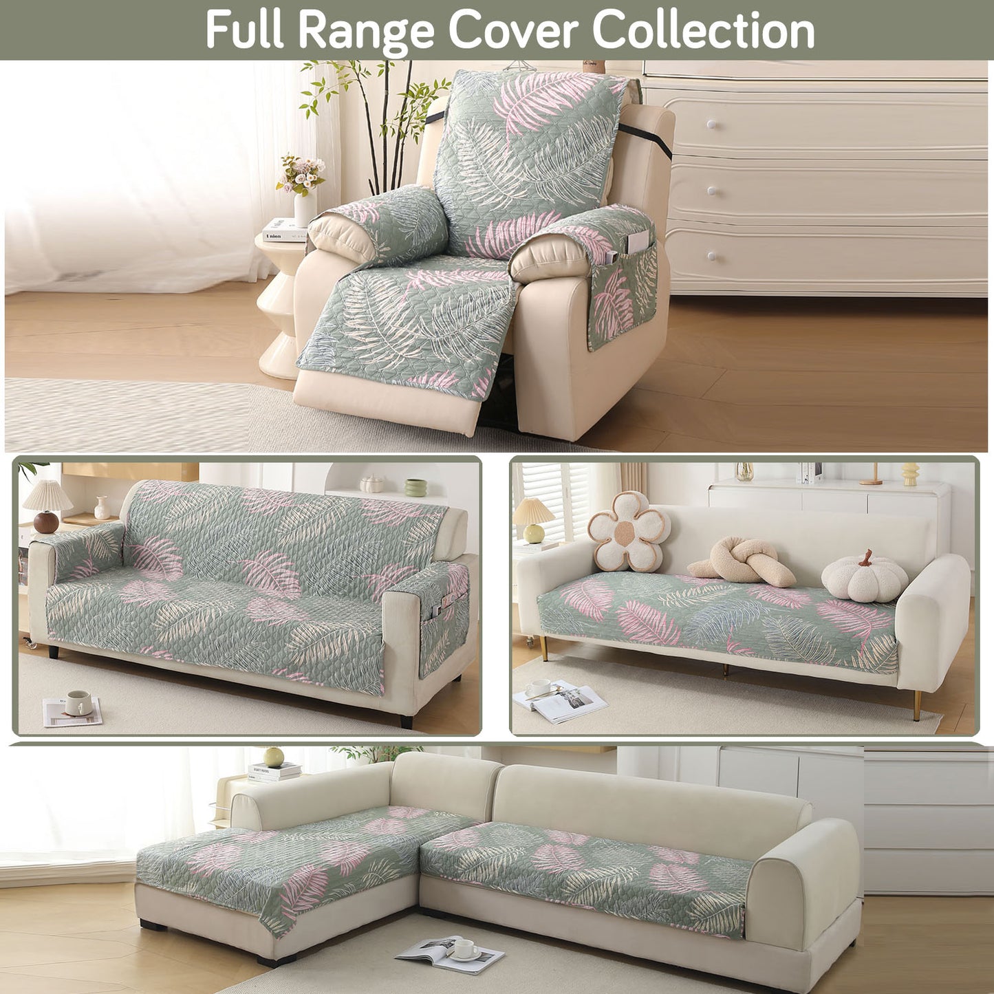 Quilted Printed Recliner Mats for 1 Seater Recliner Sofa, Tropical Leaves Pastel