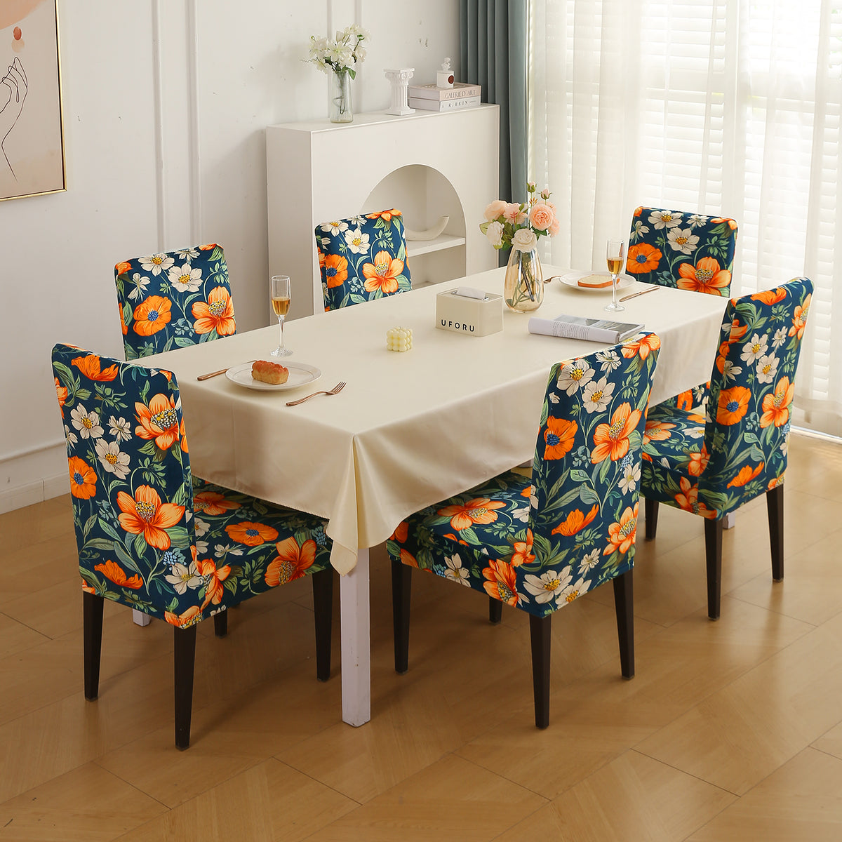 Premium Printed Velvet Dining Chair Cover Set, Teal Twilight Garden