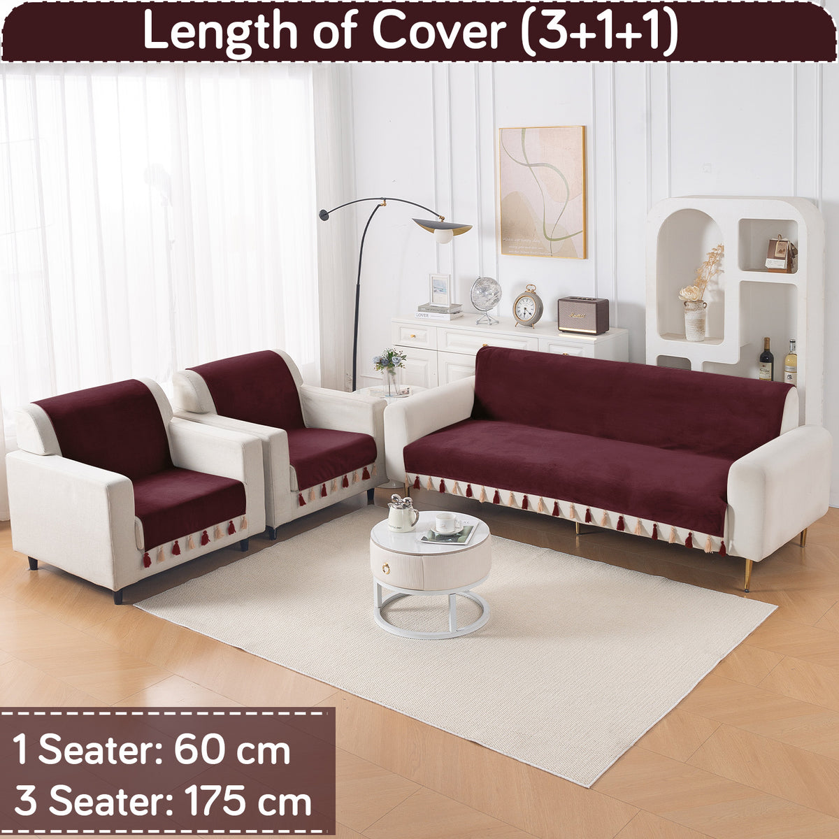 Holland Velvet 5-Seater Sofa Cover (3+1+1), TasselTone Series | Wine Red