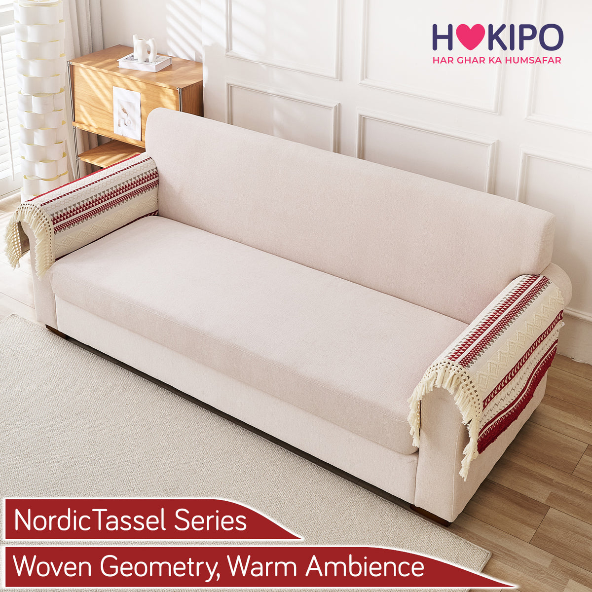 Nordic Boho Geometric Sofa Cover Mat with Tassel, 'Nordic Tassel Series'  Ruby Cream