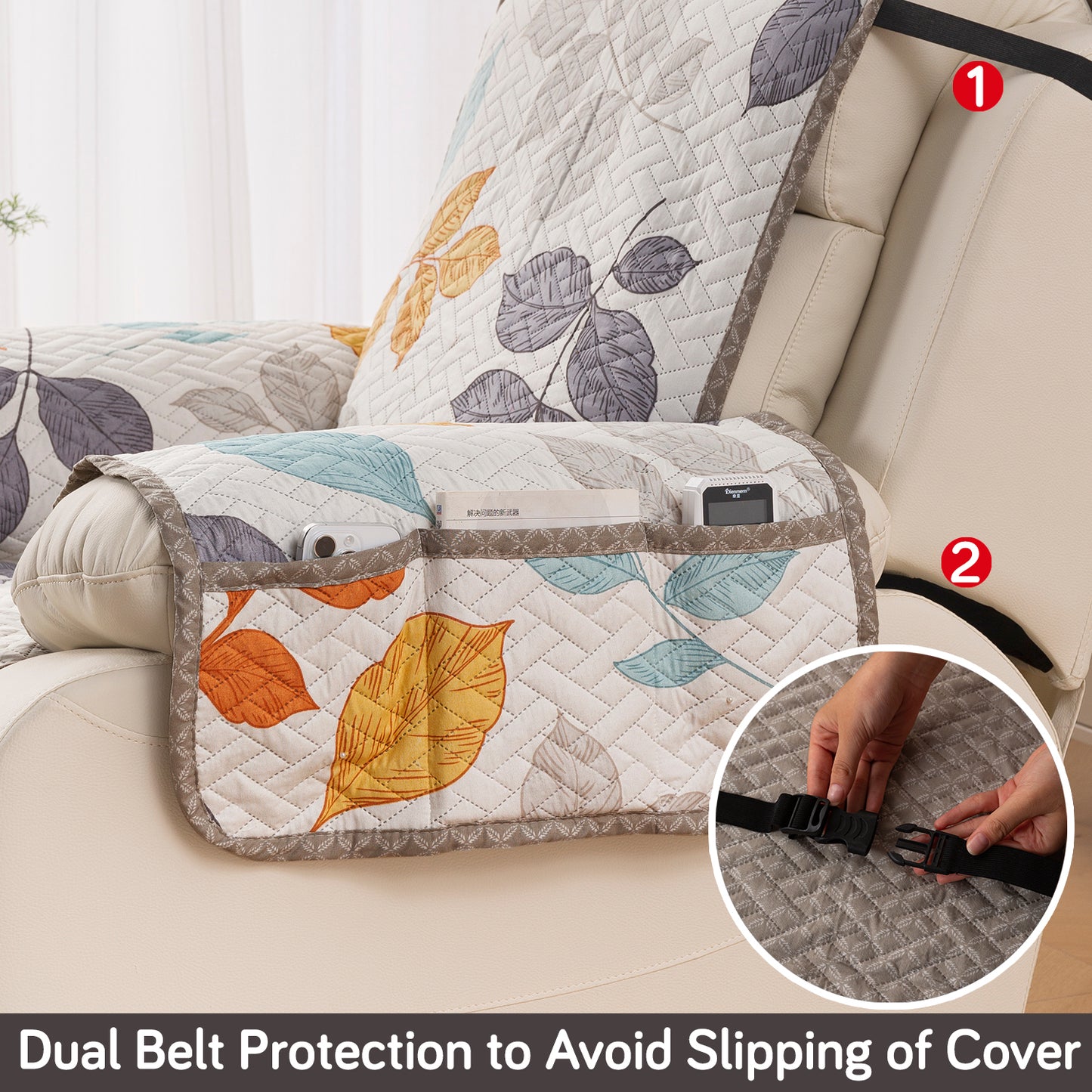 Quilted Cover for Recliner Sofa with SecureFit Belt & Side Pocket, Multicolor Leaves