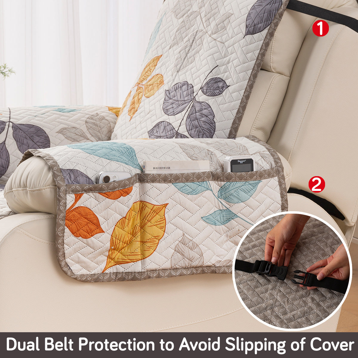 Quilted Cover for Recliner Sofa with SecureFit Belt & Side Pocket, Multicolor Leaves