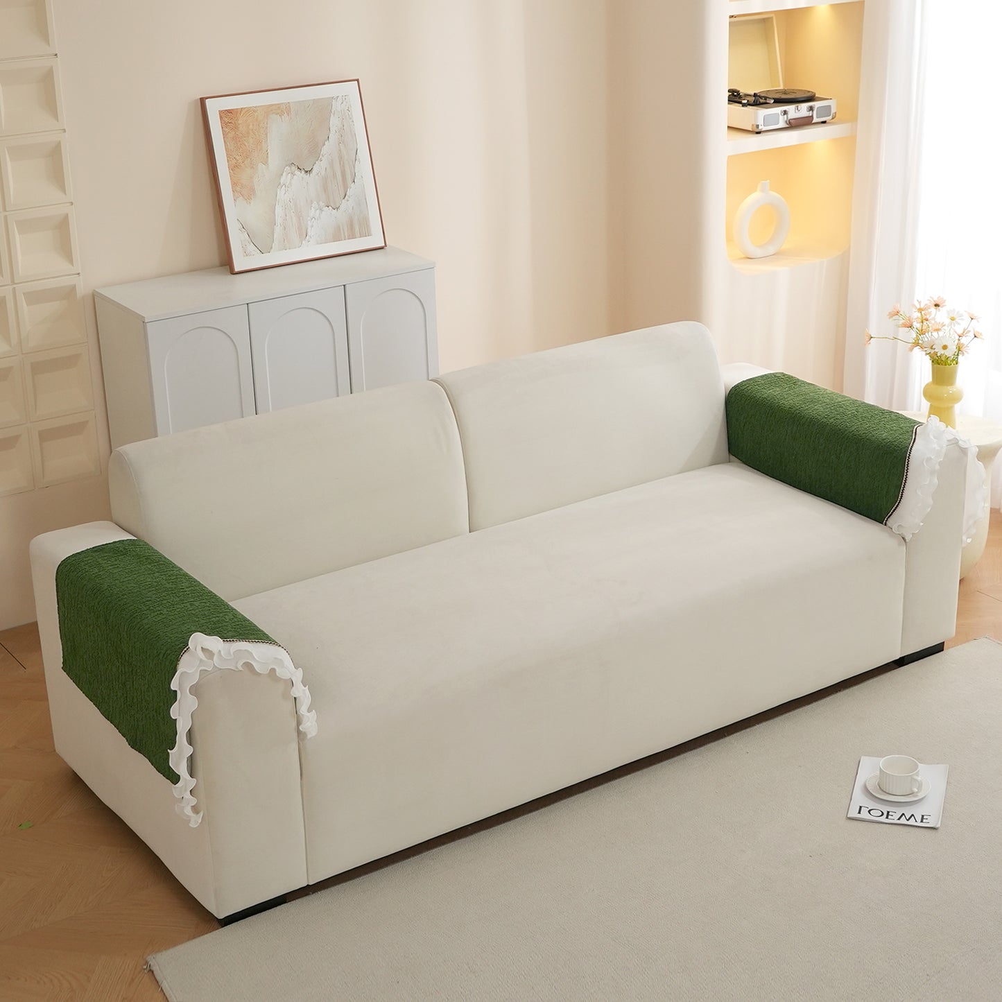 French Classic Frill Wavy Sofa Cover Mat with Curve & Lace - Dark Olive Green