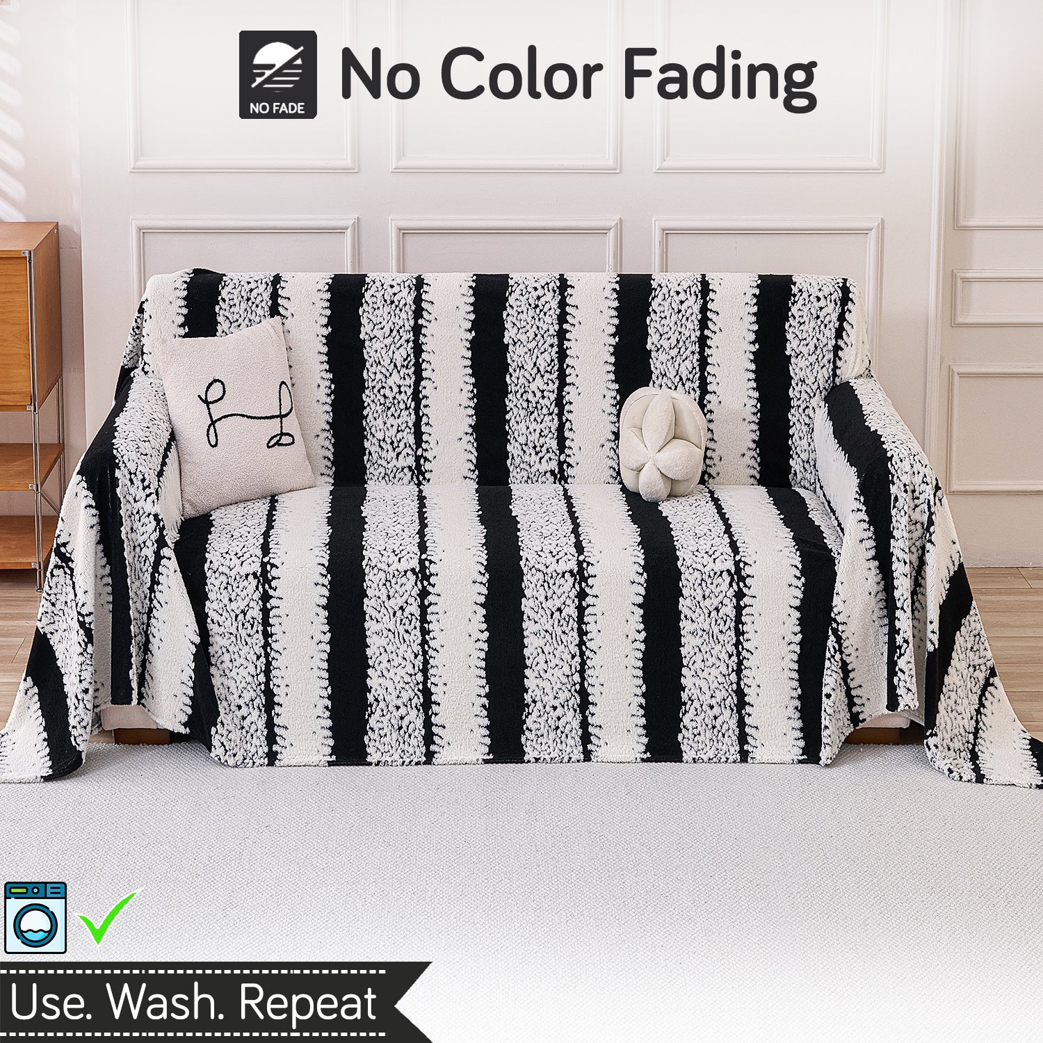 Buy Black Colour Luxury Wavy Plush Sofa Throw – Washable & Soft | HOKIPO