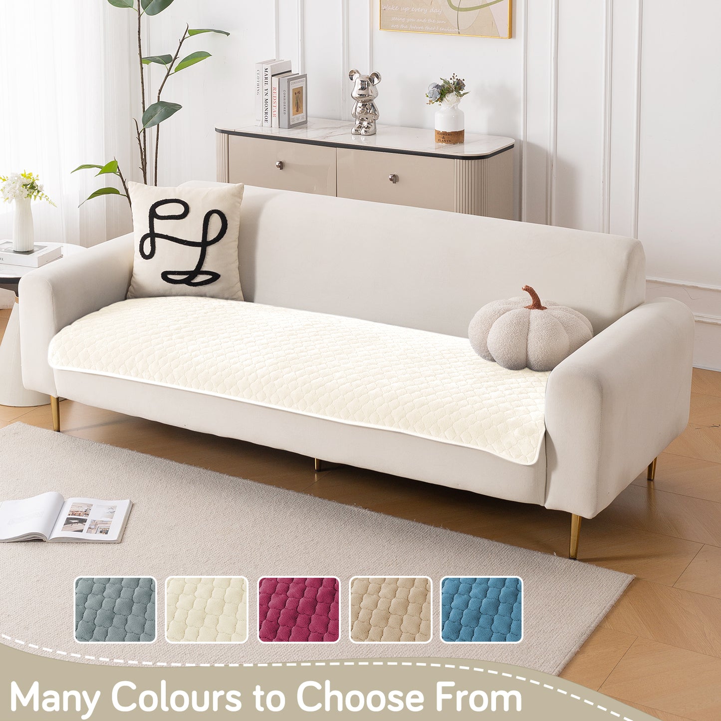 Diamond Plush Pebble Quilted Sofa Cover Mat, Cream